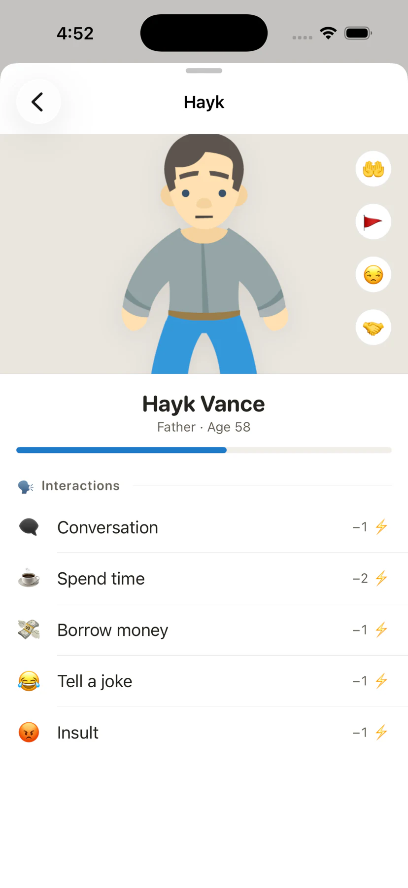 A father's page showing his drawn figure, his trait badges, a closeness bar, and a list of things you can do with him, each with an energy price.
