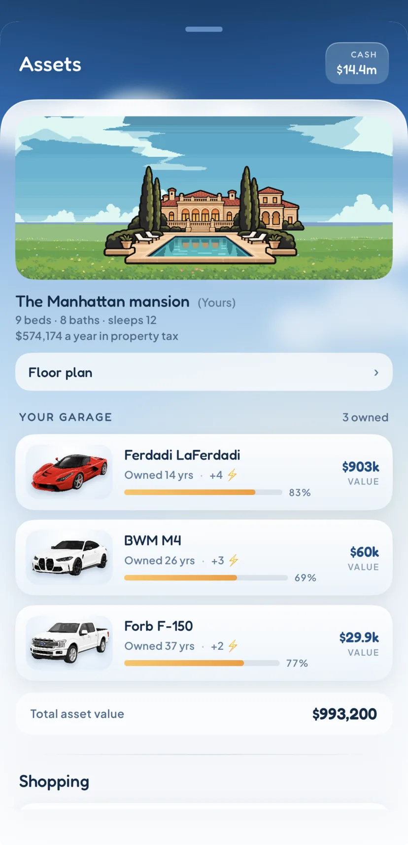 The assets screen showing a pixel art mansion, its beds and property tax, and a garage holding three cars with their values.