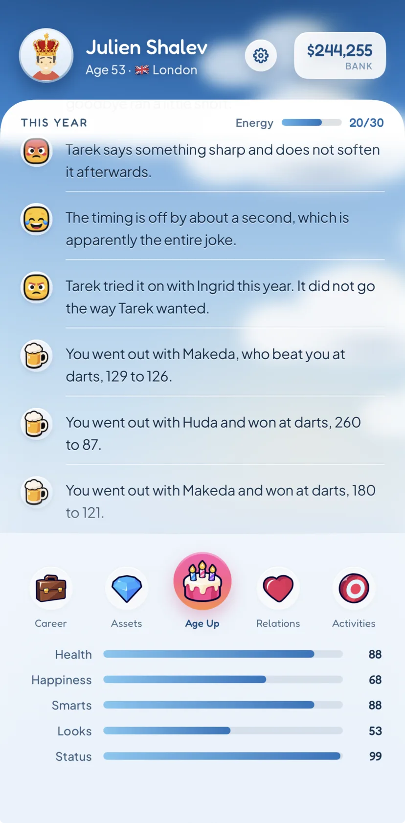 The Heirloom life feed on an iPhone, showing a year's events as rows above the five attribute bars.